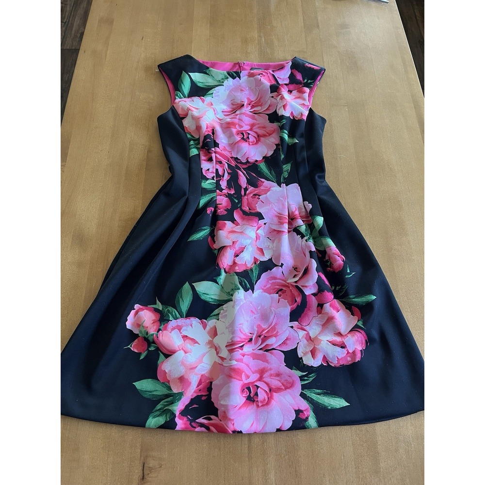 Vince Camuto Womens 8 Floral Scuba Fit Flare Dress Black Pink Sleeveless Party